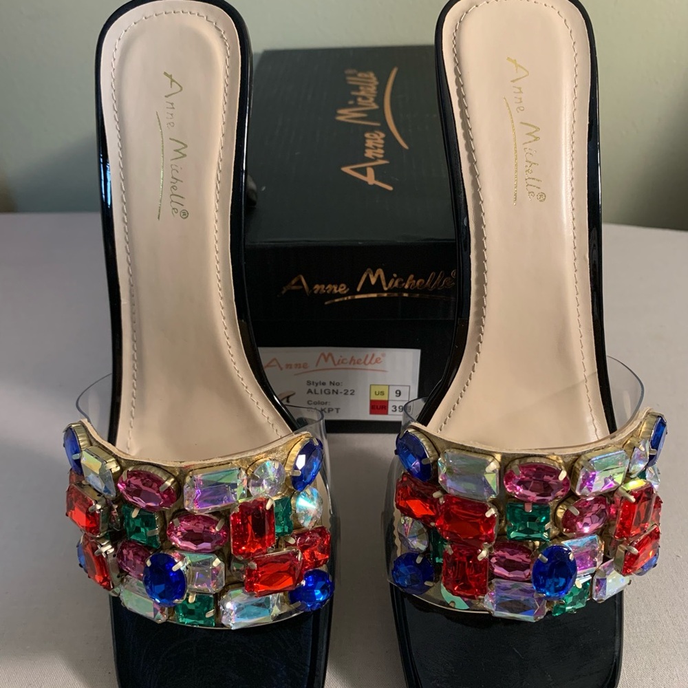 Anne Michelle Black Heels with Colorful Gem Accents